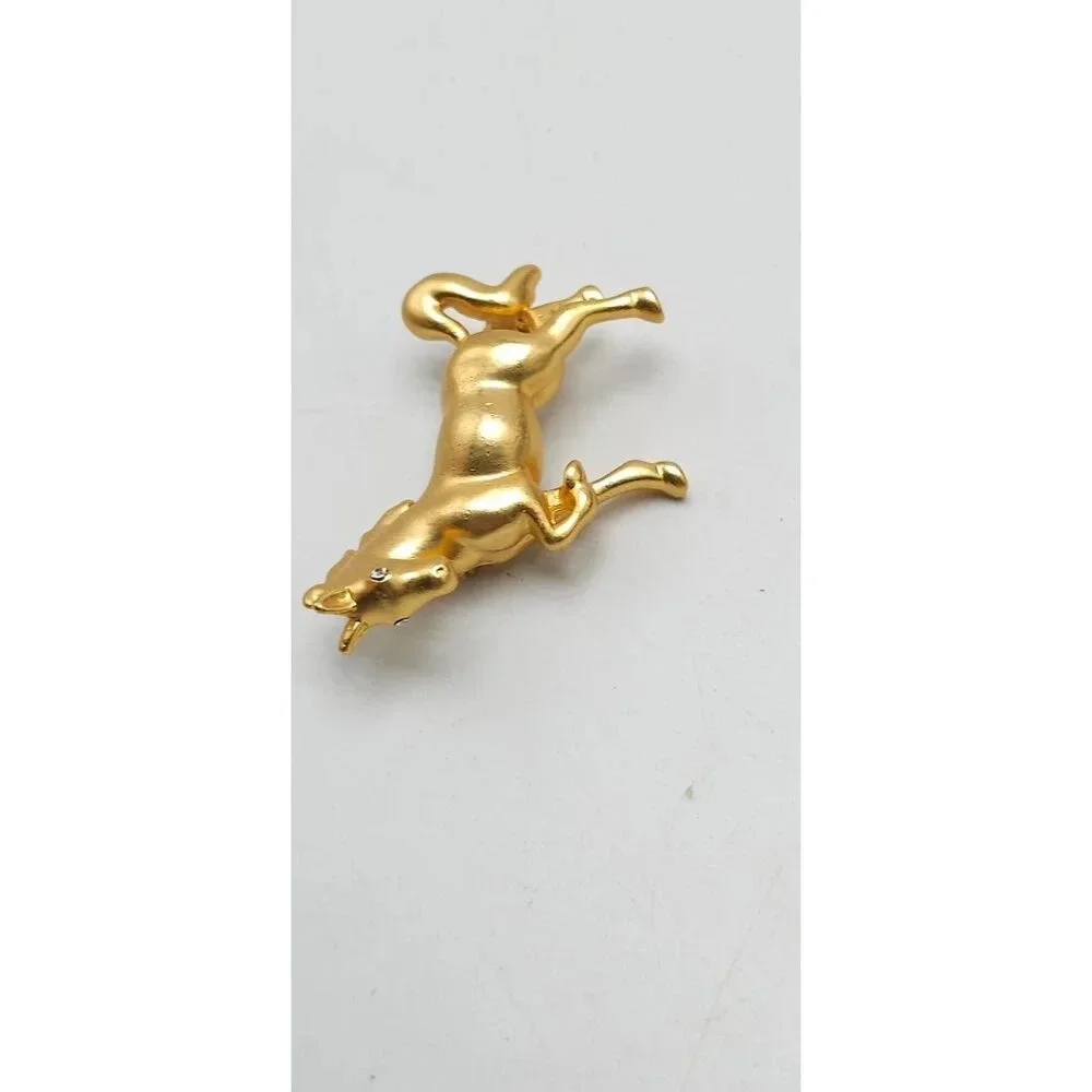 Clear Rhinestone Eyed Matte Gold Tone Vintage Horse Pin Brooch